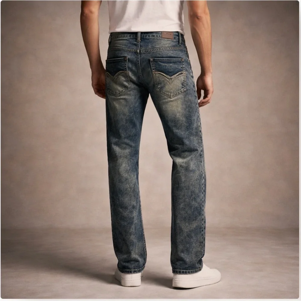 Benjamin Black Mens Jeans 38x32 Acid Wash Distressed‎ Moto Denim Flap Pocket